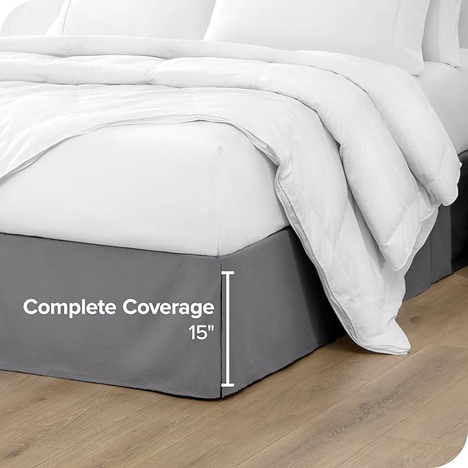 Bare Home Full Bed Skirt - 15-Inch Tailored Drop Easy Fit - Bed Skirt for Beds - Center & Corner Pleats (Full, Grey)