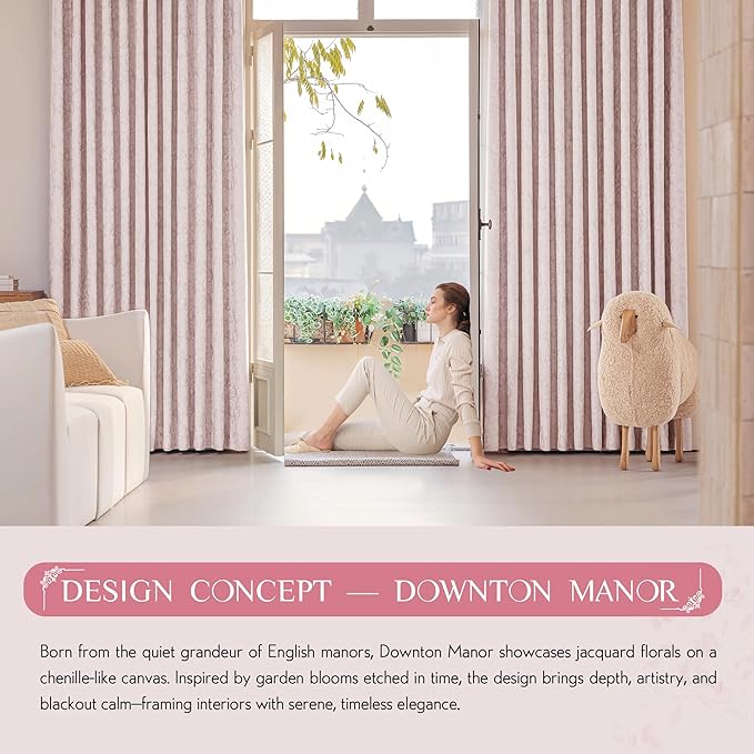 Beauoop Pink Floral Jacquard Blackout Curtains 90 Inches Long 2 Panels for Girls Bedroom Living Room Chenille Flower Room Darkening Thermal Insulated Soundproof Rod Pocket Back Tab Window Drapes 52x90