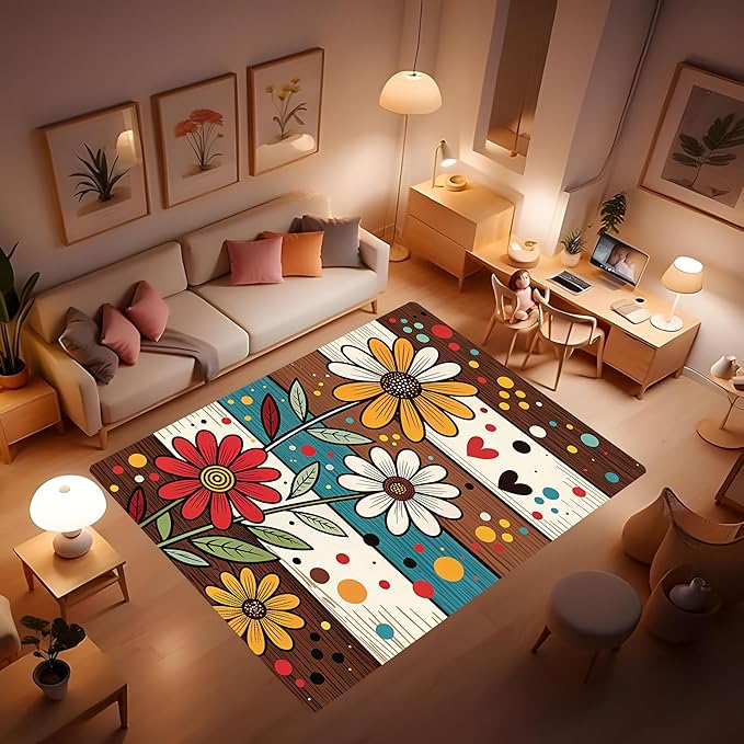 Machine Washable 5' x 8' Bohemian-Style Area Rug, Flowers Floor mat, Suitable for bedrooms, Girls' Room Bedside, Living Room, Dining Room, Office, Non-Slip Low-Pile Retro, Fashionable Carpet