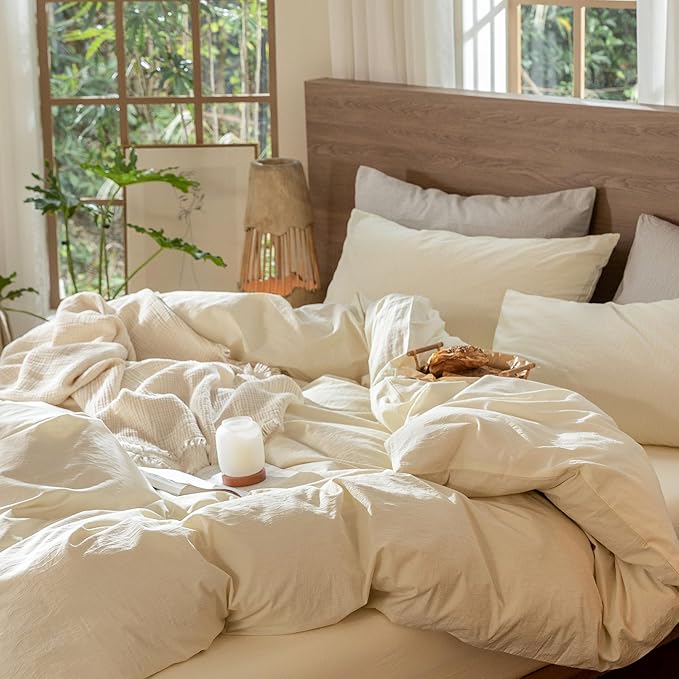 MooMee Wavy Striped Duvet Cover Set 100% Washed Cotton Linen Like Textured Breathable Durable Soft Comfy (Cream White, Super King 108"x98")