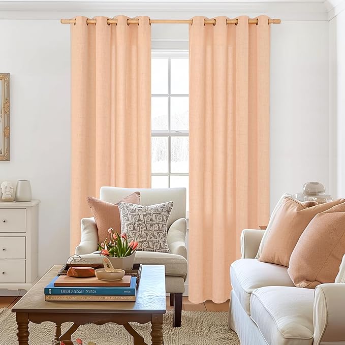YoungsTex Peach Linen Curtains 72 Inches Long for Living Room, Coral Drapes Semi Sheer with Bronze Grommet Light Filtering Textured for Bedroom Dining Spring Decor, 52 x 72 Inch, 2 Panels
