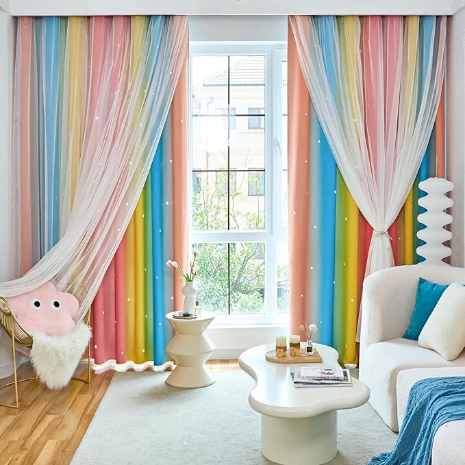 Star Blackout Curtains for Bedroom - Rainbow, 96 Inch Long, 2 Panels, Red, Yellow & Blue