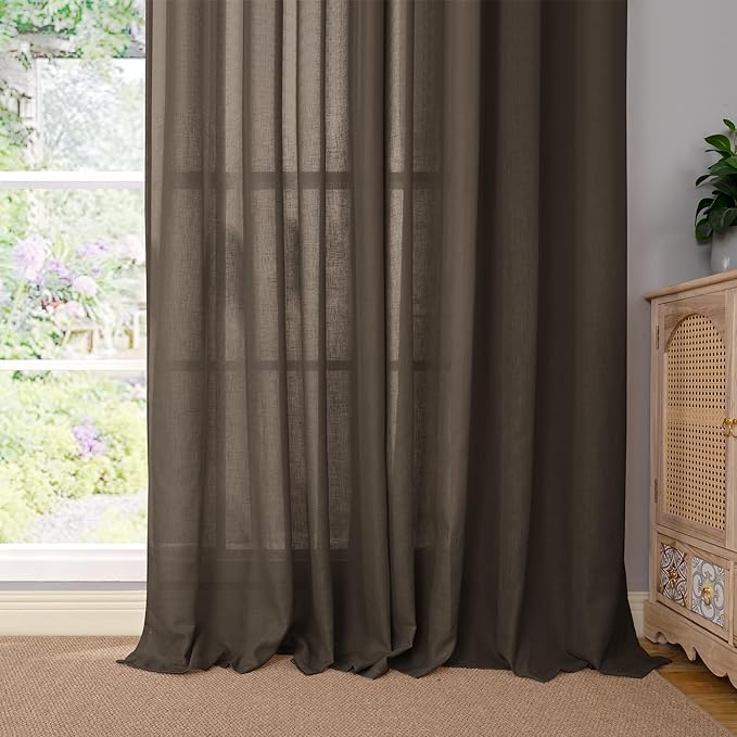 YoungsTex Brown Linen Semi Sheer Curtains 90 Inches Length for Living Room, Light Filtering Drapes Privacy with Grommet Decorative for Home Office Dining Room Bedroom, 2 Panels, 52 X 90 Inch