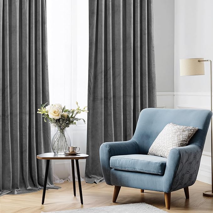 StangH Velvet Curtains 108 inches Long - Heavy-Duty Blackout Velvet Drapes Heat & Chill Resistant Window Panels for Villa/Patio Door, Grey, 52 by 108-inches, 2 Pcs