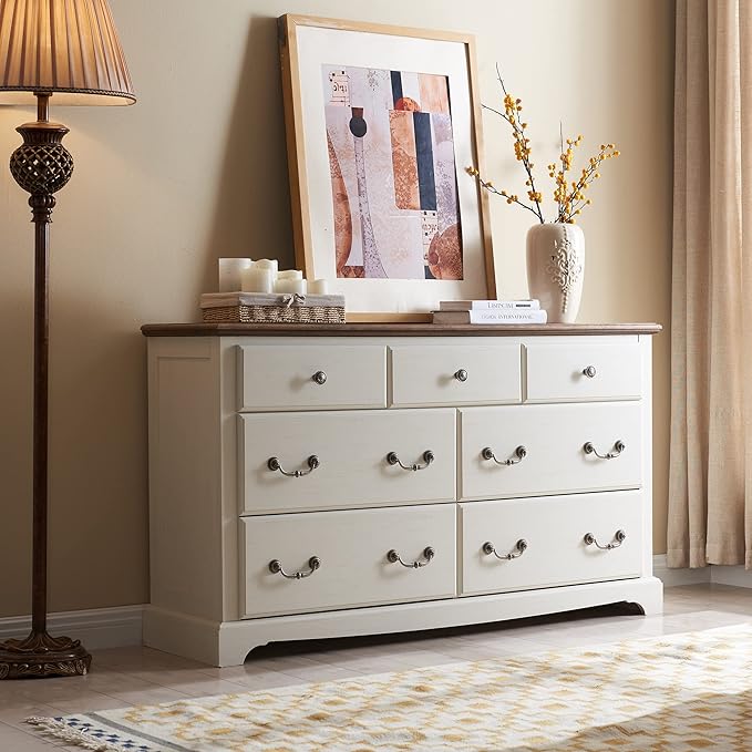 T4TREAM 7 Drawers Dresser Chests for Bedroom, Wood Vintage Chests of Drawers, Rustic Dressers Chset Organizer for Bedroom, Living Room, Hallway, Antique White