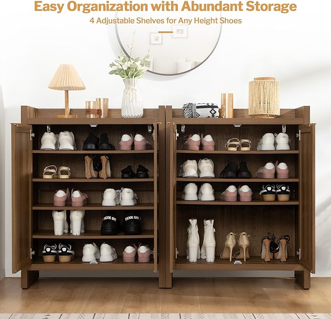 SICOTAS Shoe Cabinet Set of 3, Large Capacity Shoe Storage Organizer Cabinet, Tall Rattan Shoe Cabinet with Doors and Shelves, 6-Tier Farmhouse Boho Wooden Storage Cabinet for Entryway Hallway