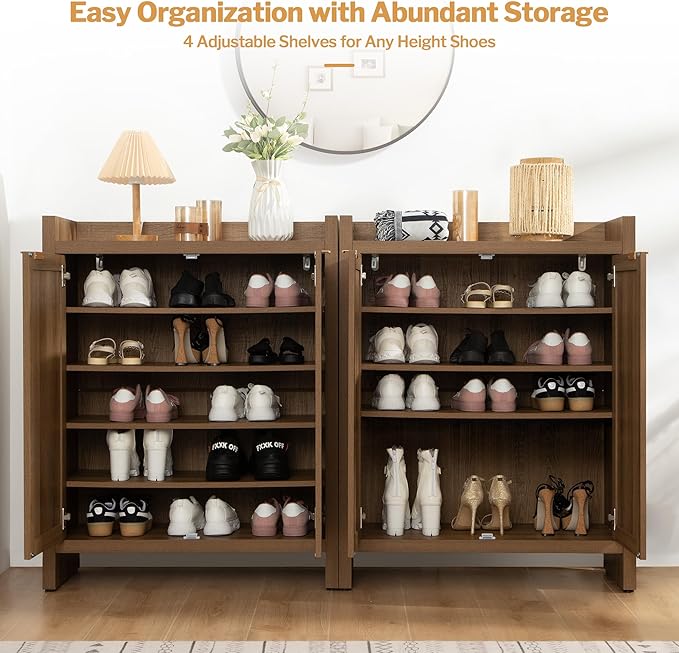 SICOTAS Shoe Cabinet, 24 Pair Shoe Storage Organizer Cabinet, 41" Tall Rattan Shoe Cabinet with Doors and Shelves, 6-Tier Farmhouse Boho Wooden Storage Cabinet for Entryway Hallway Closet