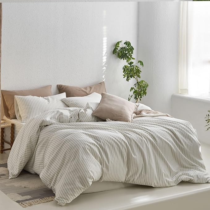 MooMee Striped Duvet Cover Set 100% Washed Cotton Linen Like Textured Breathable Durable Soft Comfy (White Sage Green Wide Stripes, Alaska King 132"x120")
