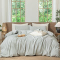 MooMee Striped Duvet Cover Set 100% Washed Cotton Linen Like Textured Breathable Durable Soft Comfy (Heathered Green Classic Stripes, Full 80"x90")