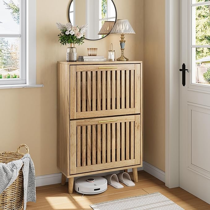 Shoe Cabinet with 2 Flip Slatted Drawers, Farmhouse Slim Shoe Organizer Rack with Golden Handles, Freestanding Hidden Entryway Storage for Hallway, Natural Oak