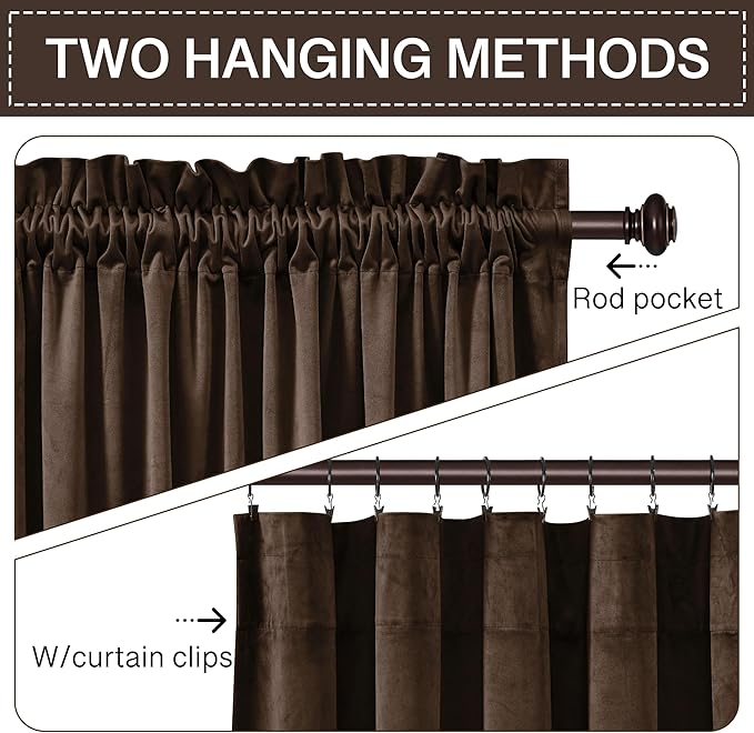 StangH Brown Blackout Velvet Drapes for Living Room 96 inches Long Luxury Home Decor Heat & Sound Reducing Energy Smart Curtains for Bedroom, W52 x L96, 2 Panels