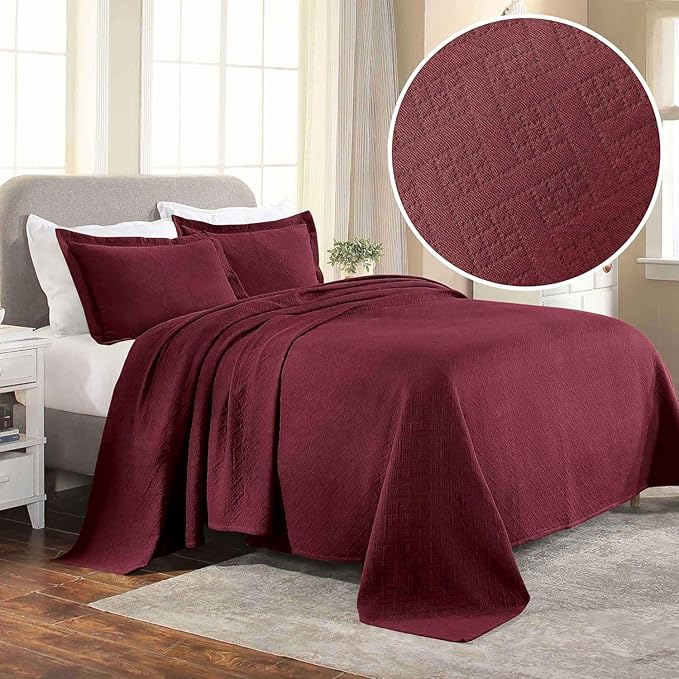 Superior 100% Cotton Basket Weave Bedspread with Shams, All-Season Premium Cotton Matelasse Jacquard Bedding, Quilted-Look Geometric Basket, Full, Garnet