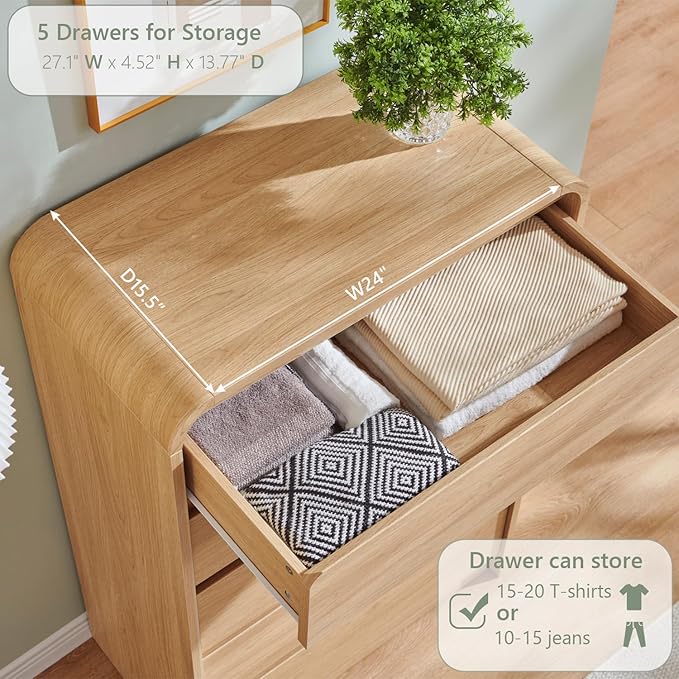 Modern 5 Drawers Dresser for Bedroom, 45" Tall Dressers & Chests of Drawers w/Curved Profile Design, Wood Mid Century Vertical Dresser w/Natural Texture for Bedroom, Living Room, Natural Oak