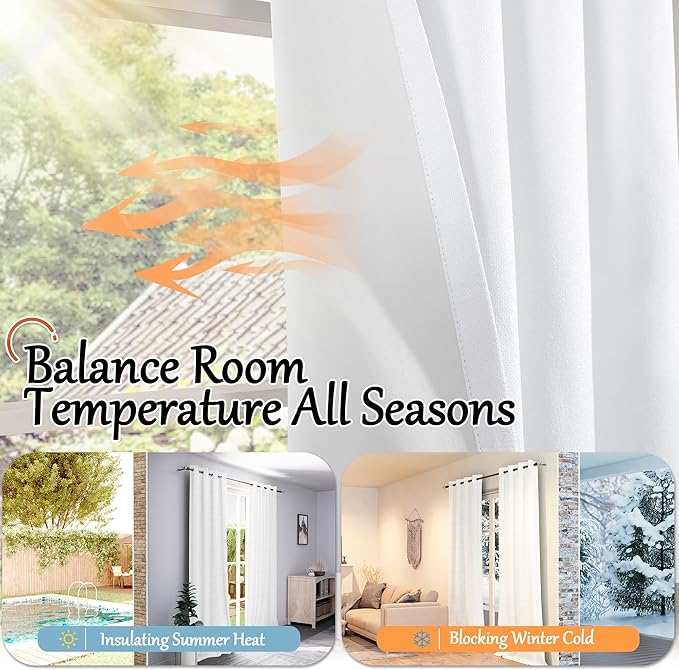 Blackout Curtains for Living Room 84 Inch Length 2 Panels Set, Thermal Insulated 100% Black Out Privacy Soundproof Grommet Farmhouse Linen Window Curtains for Bedroom Darkening, White, Each 52”Wide