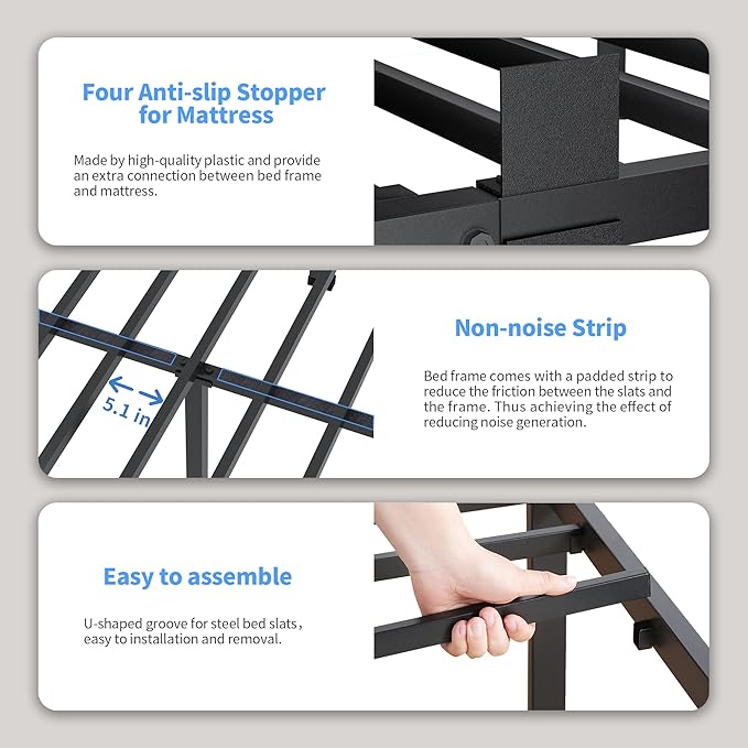 ROIL 20 Inch Full Size Bed Frame with Rounded Corner and Headboard Hole Mattress Retainers 3500LBS Metal Heavy Duty Steel Slats No Box Spring Needed Platform Noise-Free Easy Assembly