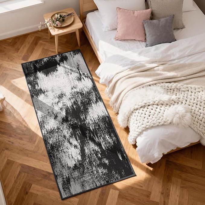 3x12 Long Hallway Runner Rug: Kitchen Rugs Non Slip Washable Low Pile Abstract Rug Runner with Rubber Backing Indoor Carpet Runners for Bedroom Dining Living Room Bathroom Black White
