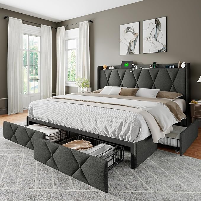 Feonase King Size Bed Frame with 4 Storage Drawers, Upholstered Platform Bed with Charging Station, Wingback Storage Headboard, Wooden Slats Support, No Box Spring Needed, Easy-Assembly, Dark Grey
