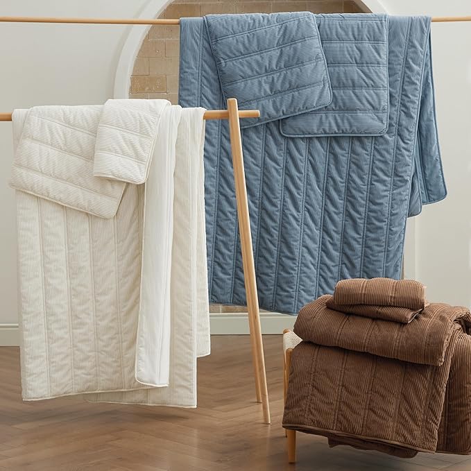 Bedsure Luxury Velvet Quilt Queen Size - Lightweight Velvet Blue Fluffy Comforter Set, Oversized Corduroy Bedspread Coverlet Winter Bedding Set, Pet-Friendly, Tear-Resistant, Ultra-Soft, 90"x96"