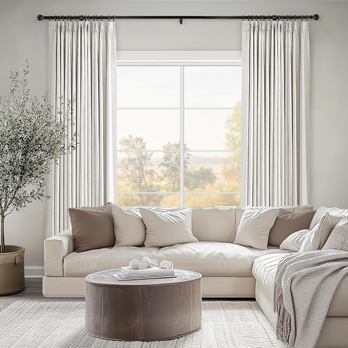 Topfinel Pinch Pleated Curtains 96 Inch Long, 100% Blackout Thermal Insulated Natural Linen Pinch Pleat Viral Drapes with Hooks Rings 2 Panel Sets, Neutral Birch Ivory 8FT Back Tab Window Curtains