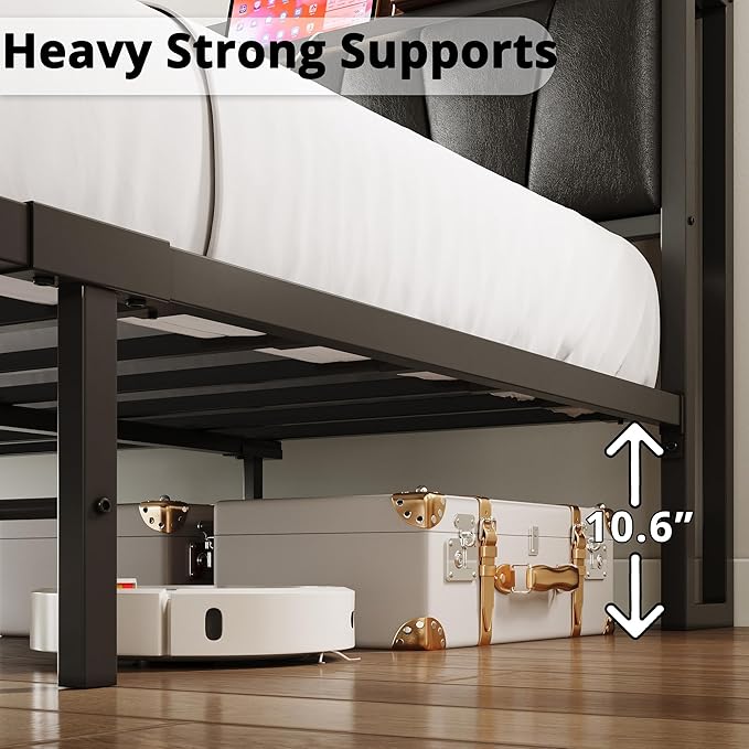 LIKIMIO Full Size Bed Frame, Storage Headboard with Charging Station, Solid and Stable, Noise Free, No Box Spring Needed, Easy Assembly (Vintage and Black)