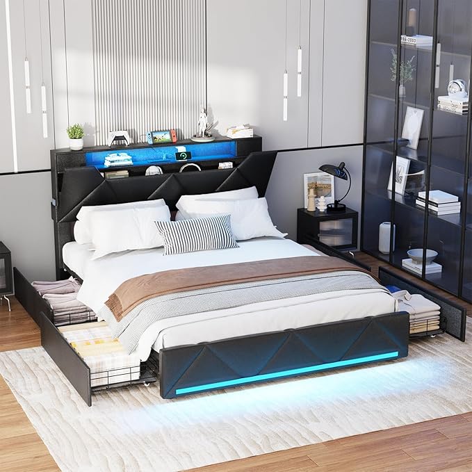 Vabches Full Bed Frame with Storage Headboard and 4 Drawers,Upholstered Platform with Charging Station and Led Lights,Adjustable Headboard with Pu Leather,No Box Spring Needed,Black
