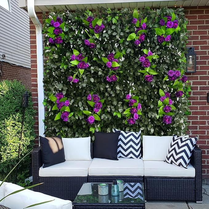 GLANT Expandable Fence Privacy Screen for Balcony Patio Outdoor,Decorative Faux Ivy Fencing Panel,Artificial Hedges (Single Sided Leaves) (2, Branches -Purple Rose)