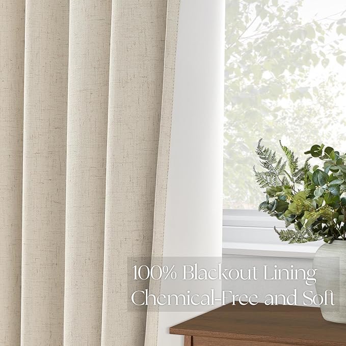 Topfinel 120 Inch Long Extra Long Pinch Pleat Linen Curtains for Living Room,Neutral Beige Cream 100 Percent Blackout Floor to Ceiling Farmhouse Sound Absorbing Drapes 2 Panels for Track System 10 FT