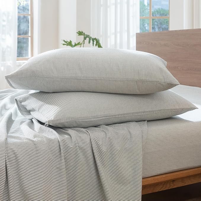 MooMee Striped Duvet Cover Set 100% Washed Cotton Linen Like Textured Breathable Durable Soft Comfy (Heathered Green Pinstripes, Palatial King/Oversized King 120"x98")