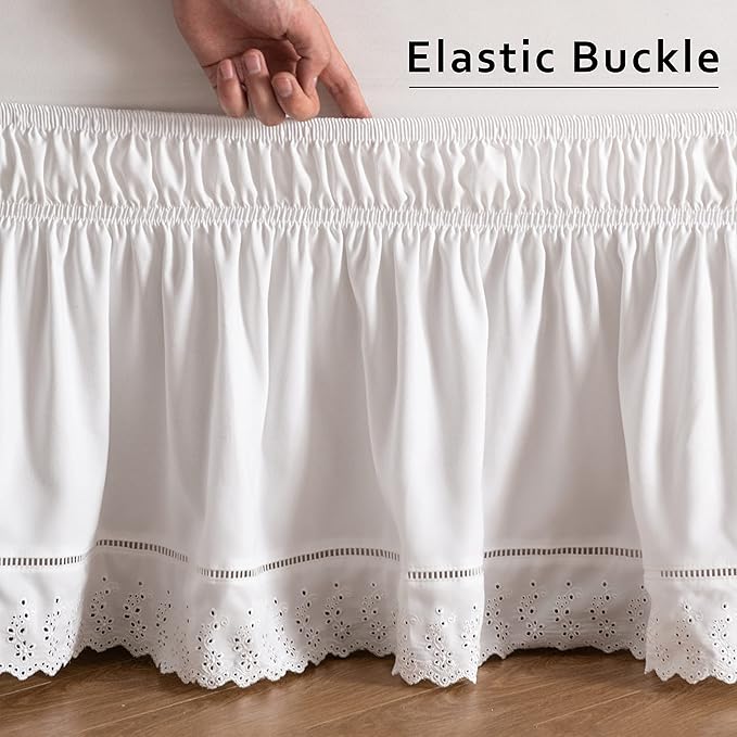 MIYE Wrap Around Ruffled Lace Bed Skirt, Elastic Dust Ruffle with Adjustable Belts,15 Inch Drop Easy to Put On, Bed Frame Cover, Machine Washable (Embroidered, King/Queen-15)