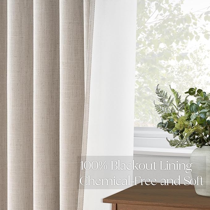 Topfinel Pinch Pleated Curtains 96 Inch Long, 100% Blackout Thermal Insulated Natural Linen Pinch Pleat Viral Drapes with Hooks Rings 2 Panel Sets, Neutral Oatmeal Ivory 8FT Back Tab Window Curtains