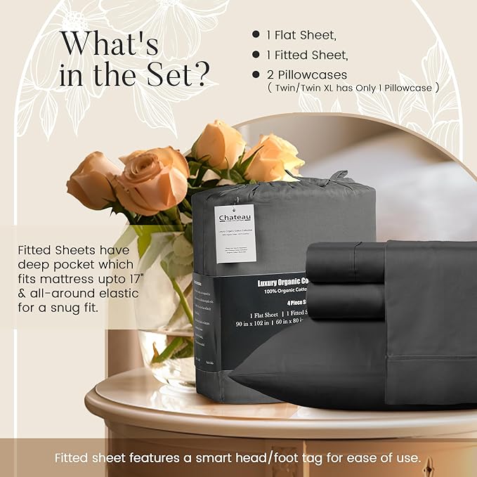 Organic Cotton Sheets Queen Sheet Set Deep Pocket,100% Cotton Bed Sheets Queen Size Set, No Pill Soft & Comfy Naturally Cool Breathable Elasticated Sheet & Pillowcase Sets- Charcoal