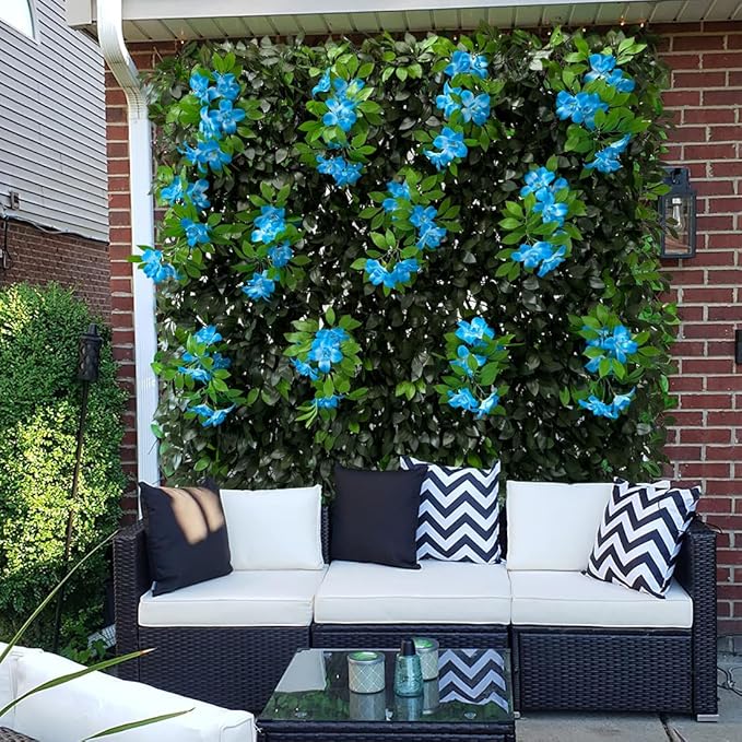 Sumery Expandable Fence Privacy Screen for Balcony Patio Outdoor,Decorative Faux Ivy Fencing Panel,Artificial Hedges (Single Sided Leaves) (4, Branches -Blue Fowers)