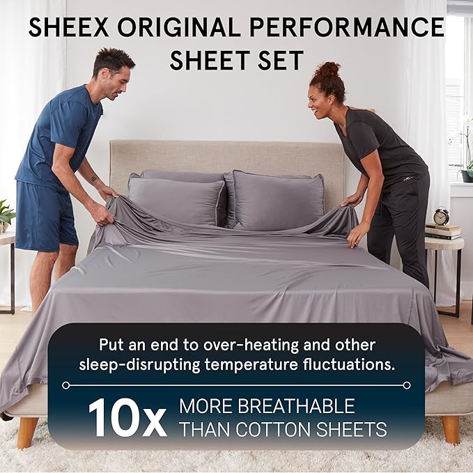 SHEEX - Original Performance Sheets Set (Split King) Graphite - Cooling Sheets - Moisture Wicking - 1 Flat Cooling Sheet, 1 Fitted Cooling Sheet, 2 King Pillow Covers - Wrinkle Free - Sleep Aid