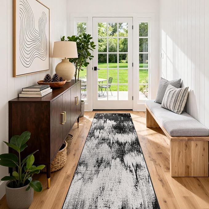 3x6 Kitchen Hallway Runner Rug: Long Washable Rug Runner Non-Slip Indoor Abstract Rugs - Low Pile Soft Floor Runners for Bedroom Living Room Dining Entryway Bathroom Laundry Black White 3x6