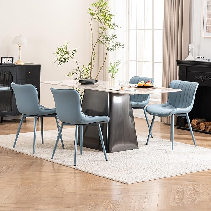 YOUNUOKE Mid-Century Modern Dining Chairs Set of 2, Blue PU Leather Upholstered Kitchen Chairs with Blue Metal Legs, Armless Accent Chair for Dining Room, Guest Reception Room