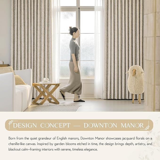 Beauoop Beige Floral Jacquard Blackout Curtains 72 Inches Long 2 Panels for Bedroom Living Room Taupe Flower Chenille Room Darkening Thermal Insulated Soundproof Grommet Window Treatments Drapes 52x72