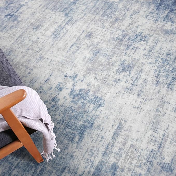 IOHOUZE Abstract Runner Rug 2x12 Ft Washable Runners for Hallways, Non Slip Kitchen Runner Printed Faux Wool Entryway Runner Indoor, Modern Abstract Floor Carpet for Hall Kitchen, Light Blue White