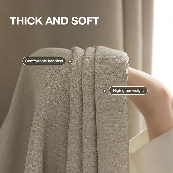 Blackout Curtains Thick Soft Curtain 2 Panels for Bedroom, Linen-Look Textured Full Light Blocking Room Darkening Thermal Insulated Drapes for Bathroom/Kitchen Windows (W52xL45, Natural)
