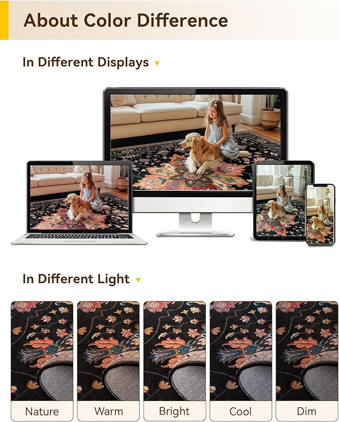 Area Rugs 3'x7' Washable Non-Slip, Floral Vintage Distress Print Pattern Medallion Carpet for Living Room Bedroom Dining Room, Black Colorful Floral Dark Tan