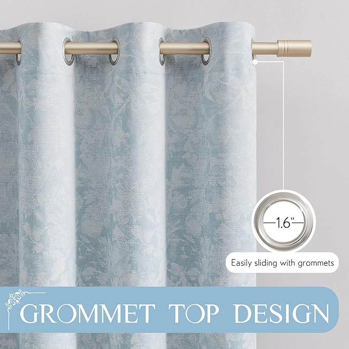 Beauoop Blue Floral Jacquard Blackout Curtains 108 Inches Long 2 Panels for Bedroom Living Room Chenille Flower Room Darkening Thermal Insulated Soundproof Grommet Window Treatments Drapes, 52x108