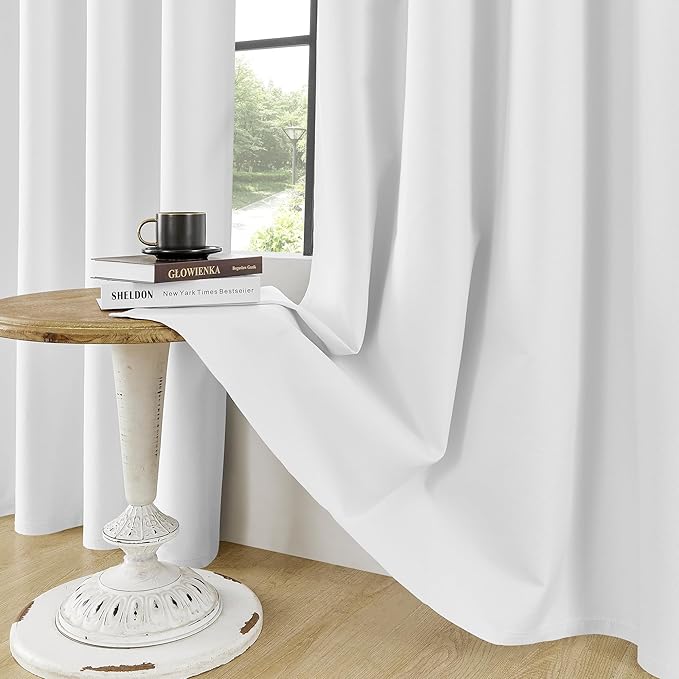 ChrisDowa 100% Blackout Pure White Solid Curtains 84 Inches Long 2 Panels for Bedroom Living Room,Farmhouse Room Darkening Thermal Insulated Soundproof Grommet Top Window Treatment Drapes,52x84