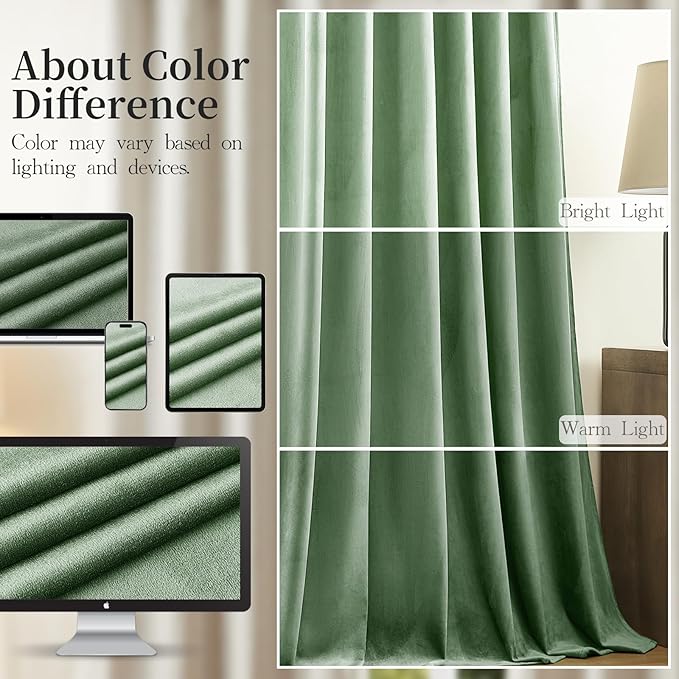 Sage Green Velvet Curtains 108 Inches Long for Bedroom, Luxury Room Darkening Thermal Insulated Blackout Curtains Luxury Window Drapes for Living Room, Back Tab Rod Pocket, W52 x L108, 2 Panels