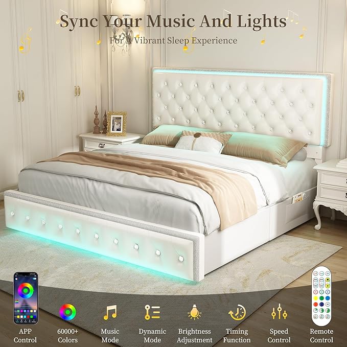 Queen Led Bed Frame with 2 Drawers, Modern Storage Platform Queen Size Upholstered Bed with Crystal Button Tufted Headboard, Solid Slats Support, Noise Free, No Box Spring Needed, PU White