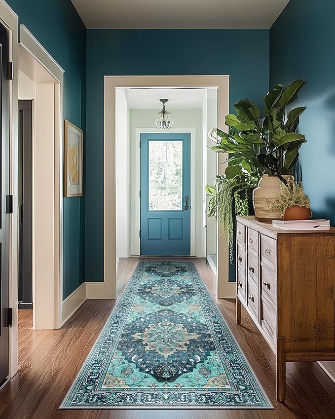 Area Rugs 2'x8' Washable Non-Slip, Floral Vintage Distress Print Pattern Medallion Carpet for Living Room Bedroom Dining Room, Teal Green Lake Blue Turquoise