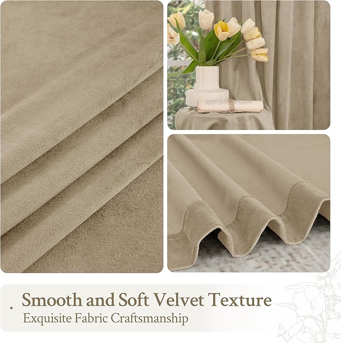 LAMIT Taupe Velvet Curtains 120 Inch for Living Room, Thick Thermal Insulated Room Darkening Drapes Super Soft Elegant Back Tab and Rod Pocket Panels for Sliding Glass Door, 2 Panels, 52 x 120 Inch