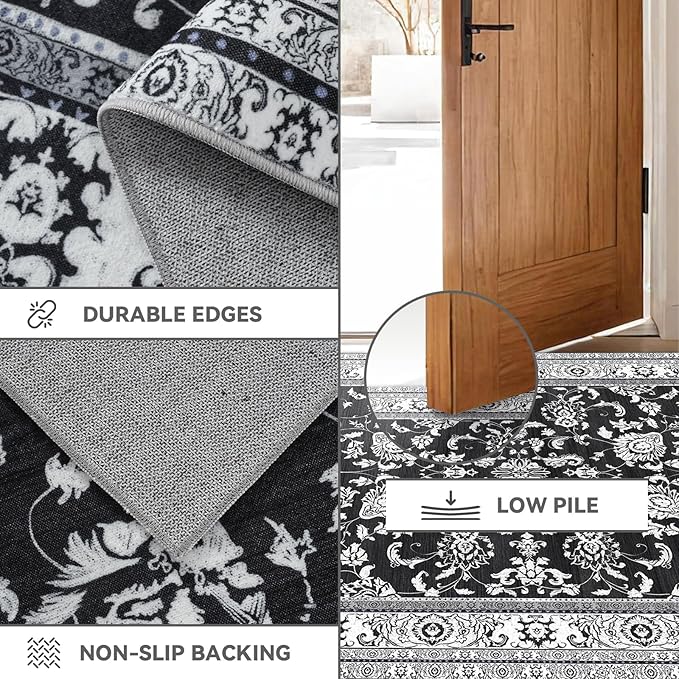 Machine Washable Area Rugs, Vintage Soft Rugs for Living Room Non Slip Large Area Rug 6x9 Carpet for Bedroom Under Bed/Dining Table Home Office | Black White