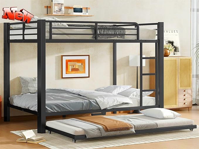 SIGONE Stronger & Safer Heavy Duty Full Over Full Bunk Bed with Twin Trundle for Adults Teens, Thickened More Stable Metal Bunkbed Frame (Greater Weight Capacity)