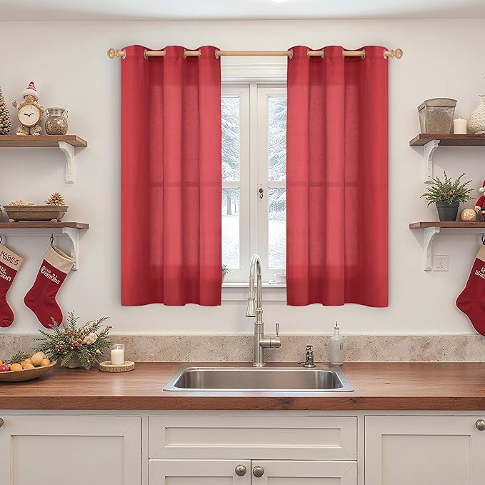 YoungsTex Red Linen Semi Sheer Curtains 48 Inch Length for Living Room Window, Light Filtering Drapes Privacy with Grommet Christmas Decor for Kitchen Bathroom Window, 2 Panels, 42 X 48 Inch