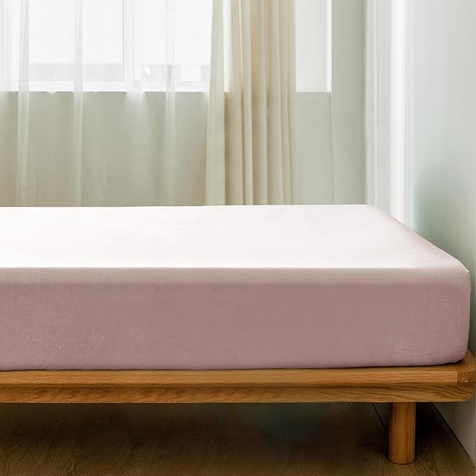 MooMee Fitted Bottom Sheet Only 100% Washed Cotton Linen Like Textured Breathable Durable Soft Comfy Deep Pocket Fits Mattress up to 17" (Greyish Pink, Twin)