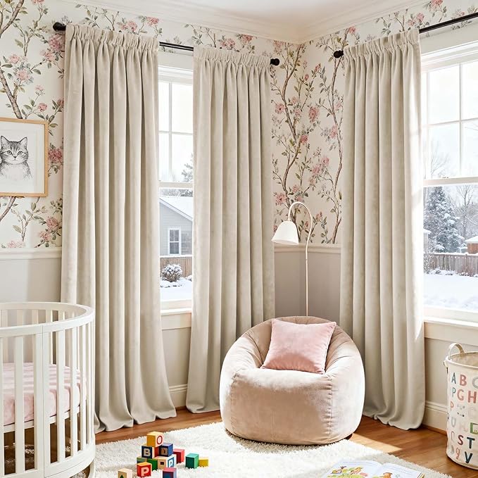 Lazzzy Velvet Blackout Curtains Thermal Insulated Room Window Drapes Super Soft Luxury Curtains for Living Room Bedroom Rod Pocket 2 Panels, Beige, 62" W x 108" L